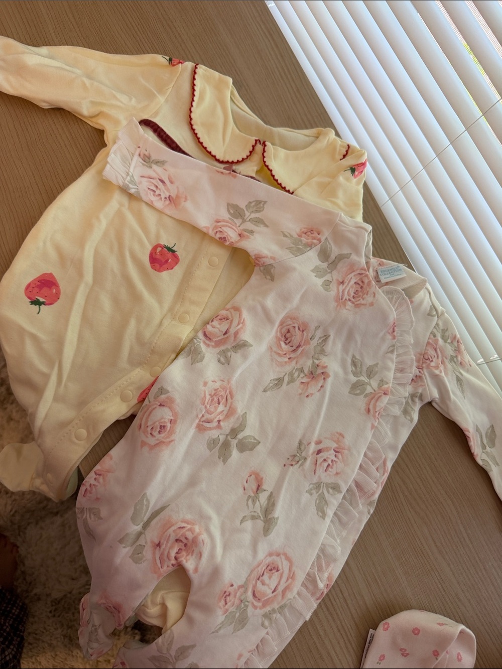 Baby Floral & Fruit Footed Sleepers - Pink Roses & Yellow Strawberry Prints